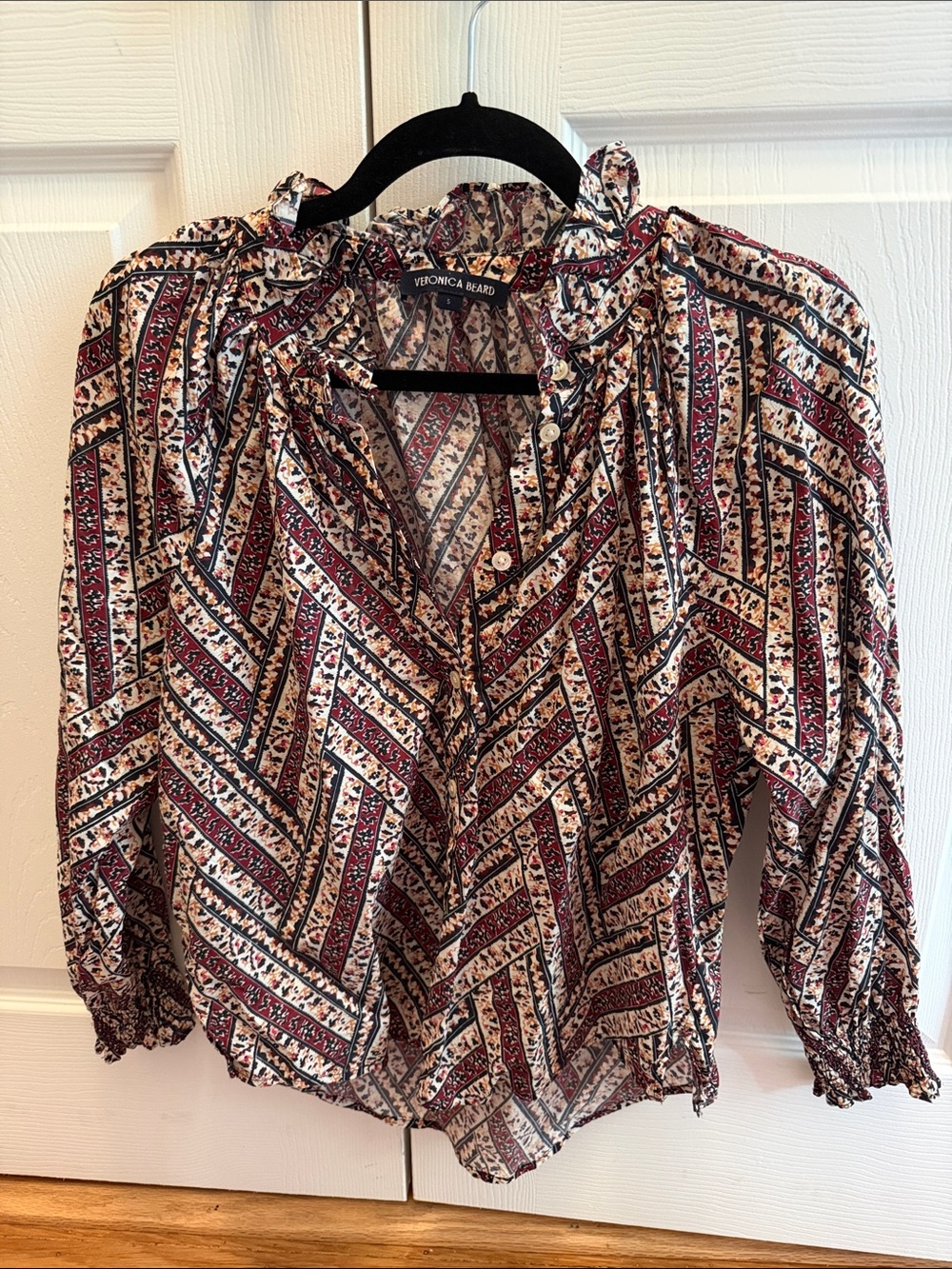 Veronica Beard Burgundy Multi-Print Tie Neck Blouse